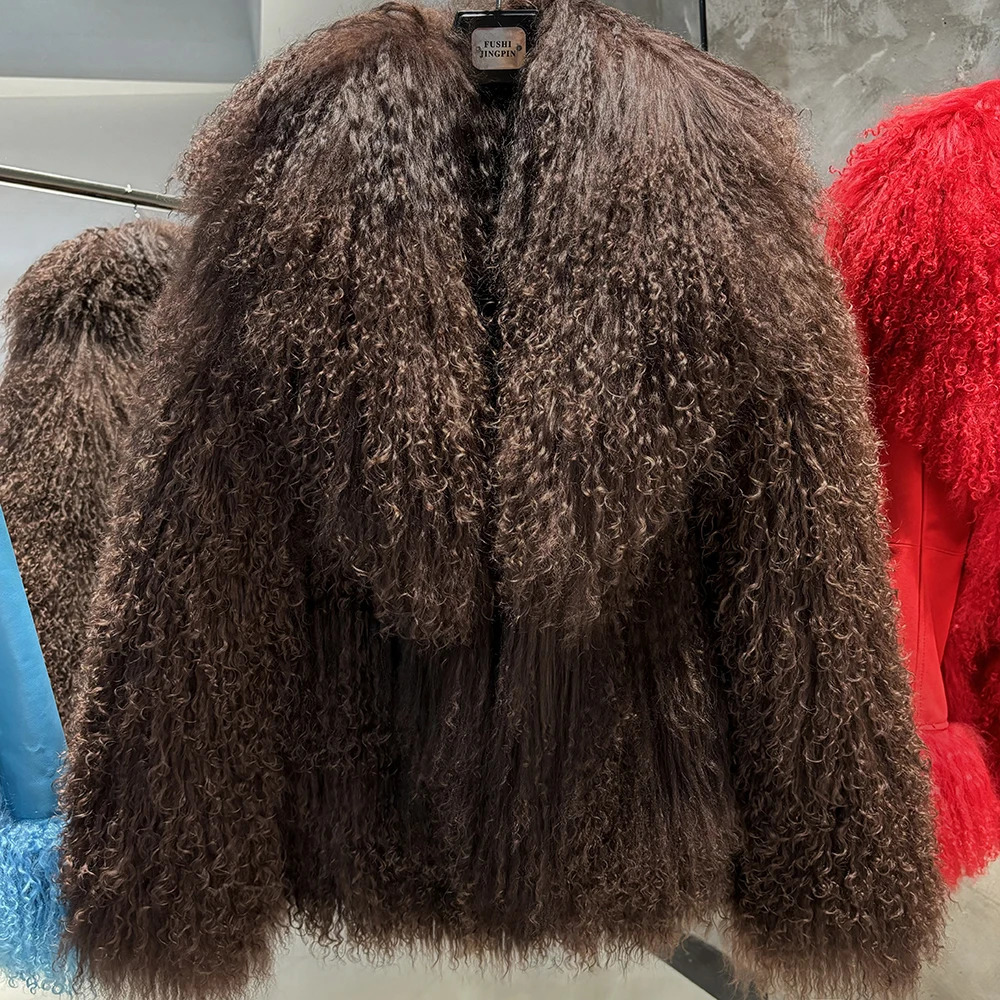 YOLOAgain Womens Real Mongolia Sheep Fur Jacket Dark Brown Sheep Fur Jacket 251029