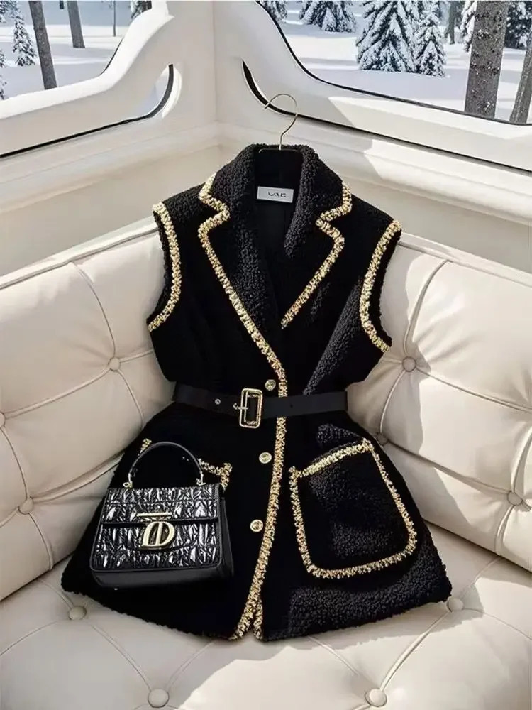 Elegant Women Black Lambhair Vest Coat y Bright Silk Edging with Belt Sleeveless Blazers Spring Winter Outerwear 251027