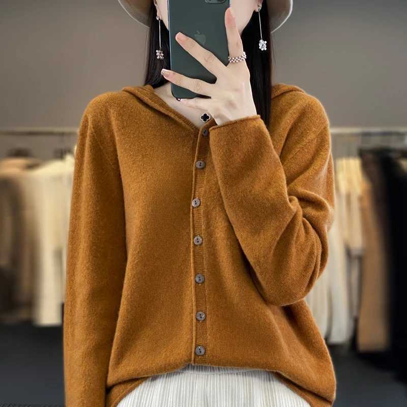 100 pure wool womens cardigan autumn and winter cashmere sweater womens casual knitted hooded top womens jacket fashionT251028