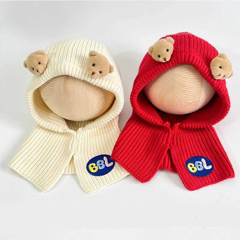 Cute Bear Kids Balaclava Knit Hat Cartoon Baby One Piece Scarf Cap 16Year Boy Girl Winter Warm Hooded Beanie Children Headgear251028