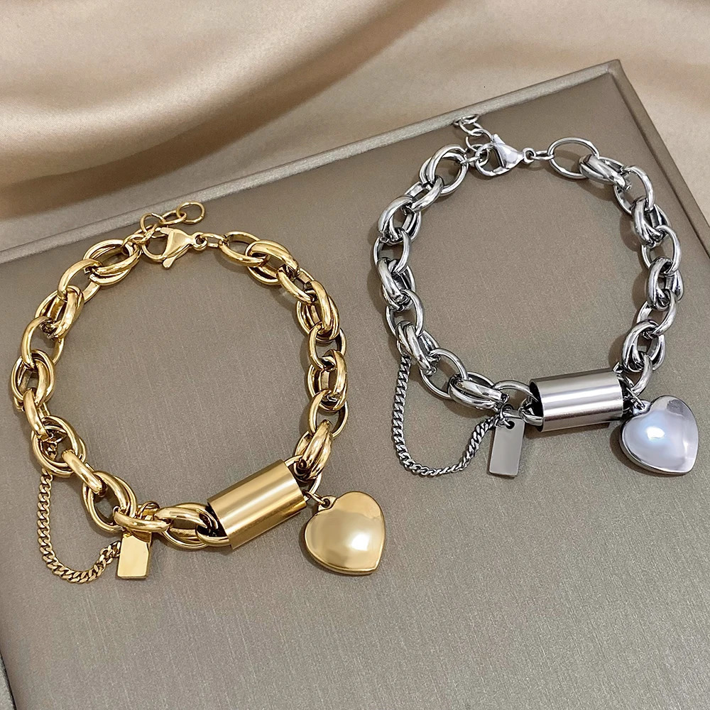 Punk Chunky Gold Color Thick Chain Stainless Steel Bracelets for Women Fashion Heart Love Pendant Wrist Jewelry Gift 251028