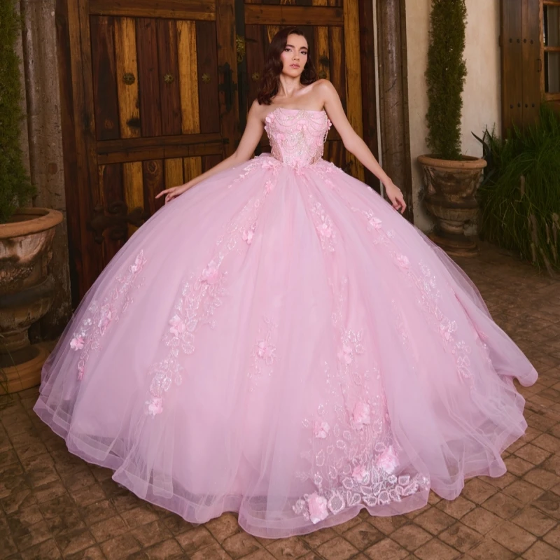 Pink Ball Gown Quinceanera Dresses Off The Shoulder Sequin Applique Flower Beads Bow Tull Party Birthday Sweet 16 Dress Vestidos