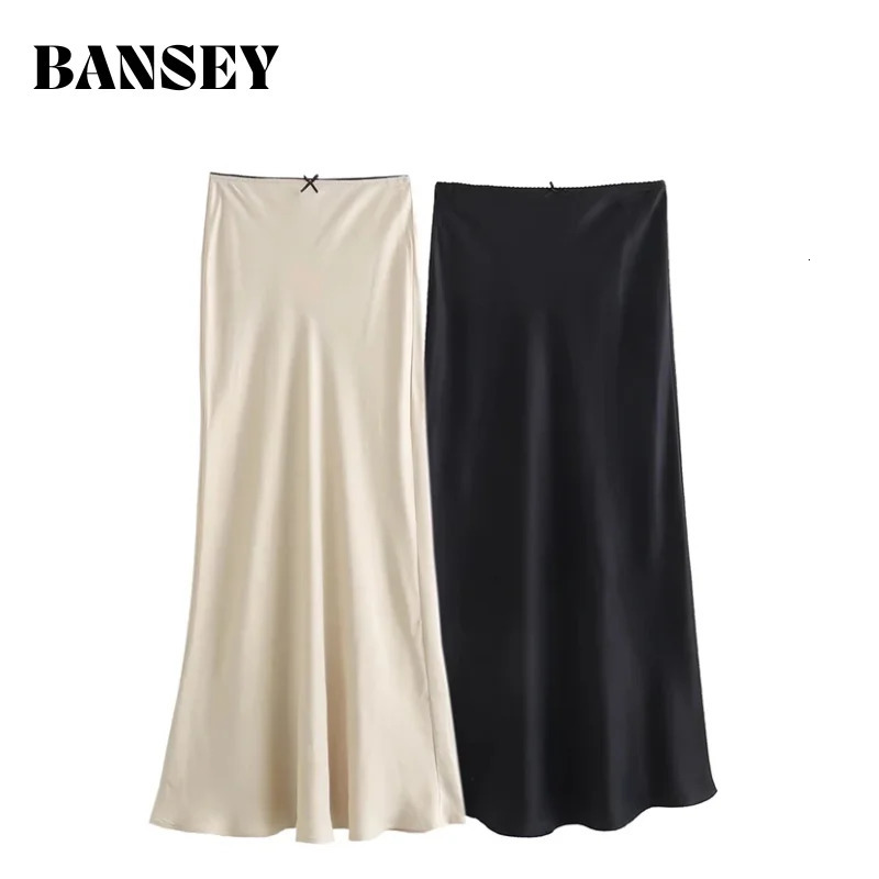 2024 Spring Womens Satin BowDecorated HighWaist ALine Long Skirt Vintage Chic Fashion 251028