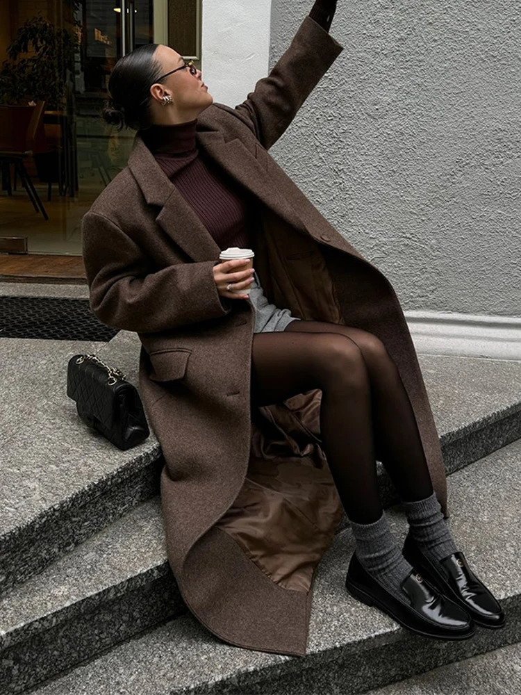 Elegant Womens Brown Wool Blend Overcoats Chic Shoulder Pads Singlebreasted Long Sleeve Coats Autumn Outerwears 251021