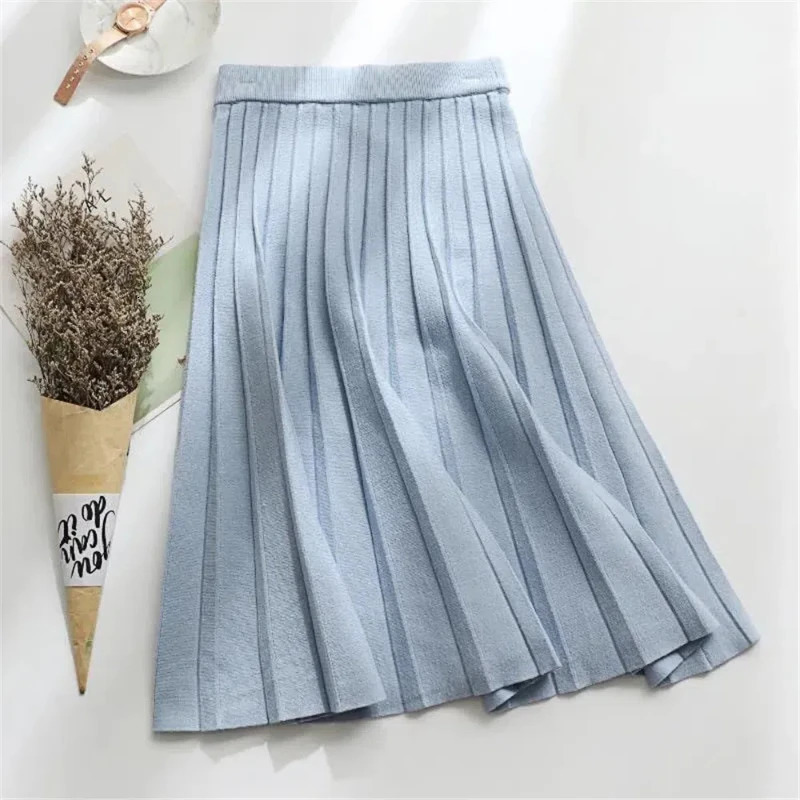 Women Knitted Midi Skirt Elegant Black ALine High Waist Pleated Long Skirt Korean 2024 Spring Autumn Winter Faldas Femme Jupes 251028