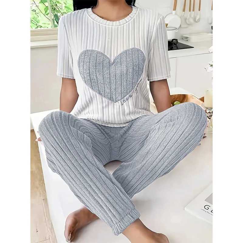 Autumn Winter Round Neck Short Sleeve Long Pants with Ribbed Stripes and Letter Heart Print Womens Pajamas Home WearT251029