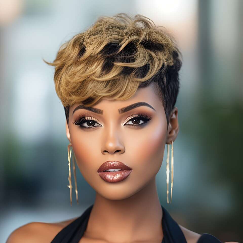 Women's Remy Peruvian Wig With Bangs - Layered Short Straight Pixie Cut, Natural Brown Balayage Highlights 1B/30#, Density Full Head