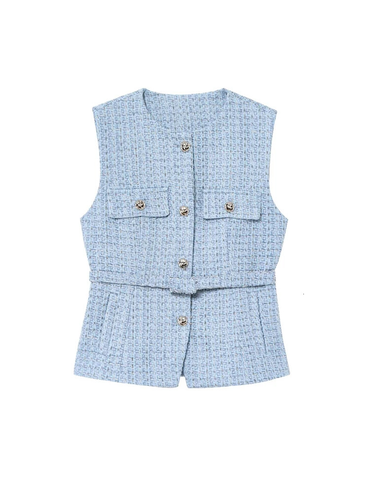 Womens Tweed Waistcoat with Belt O Neck Sleeveless Front Button Female Outerwear Chic Tops Fashion 251027