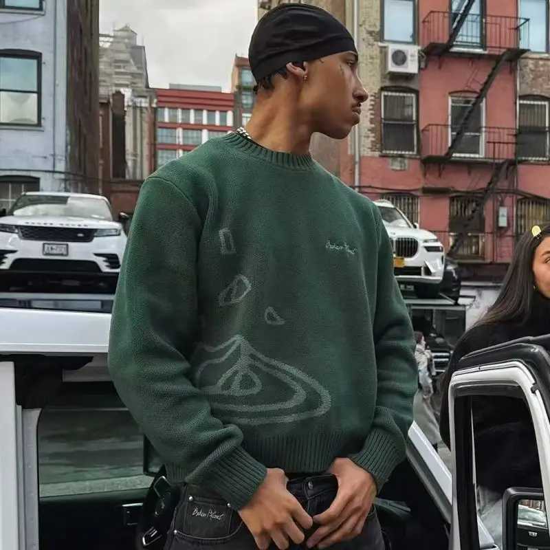 American Streetwear Planet Jacquard Embroidered Crew Neck Sweater Men Women Couple Casual Knit Jumper J251029