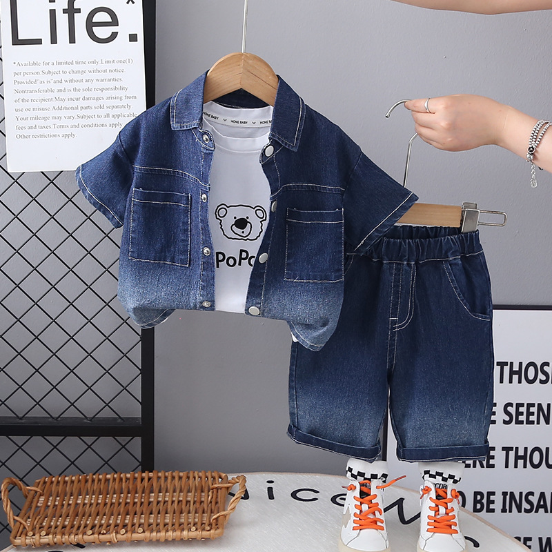 boys clothes 2025 New Fashion Boys Clothes, Solid Color Ombre Denim 3-Piece Set, Casual Summer Outfit for Toddler Kids Daily Playtime