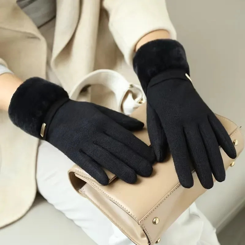Winter Women Keep Warm Plus Velvet Touch Screen Thicken Plush Wrist Suede Gloves Fashion Personality Elegant Drive Cycling i251029