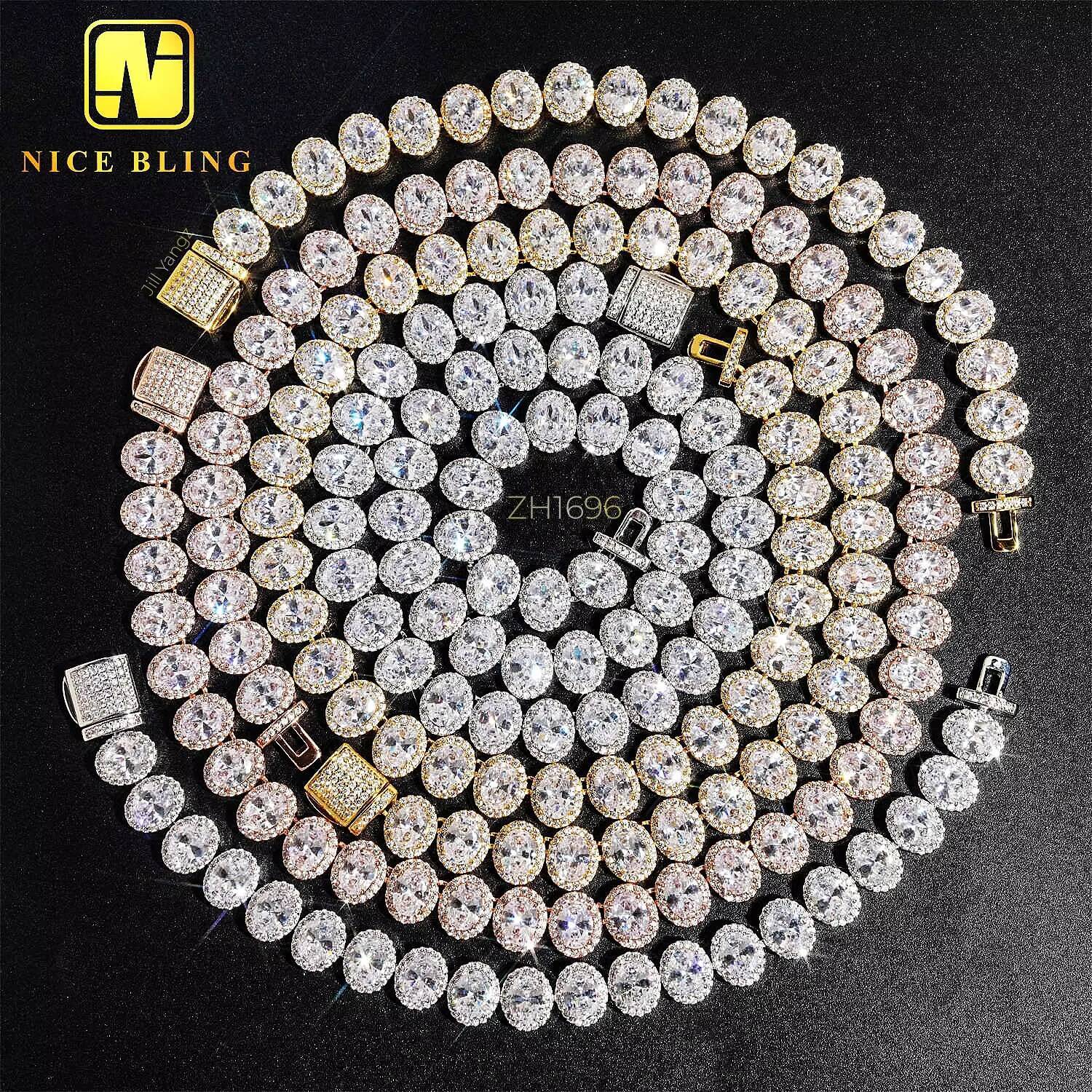 Oval Cut Iced Out Diamond Clustered Tennis Chain Sugar Cuban Chain 18k Gold Plated Necklace Hip Hop Rock 5A CZ Rapper Jewelry