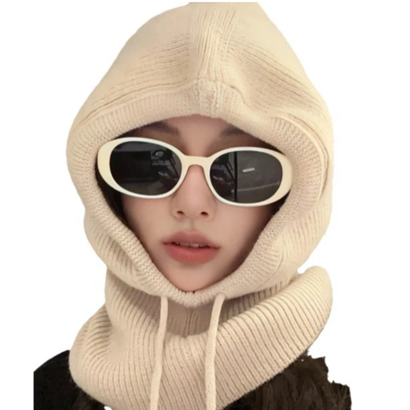 Knitted Hooded Caps Winter Balaclava Hats Women Korean Style Outdoor Warmer Drawstring Hats Onepiece Neck Collar Beanies Cap 251029