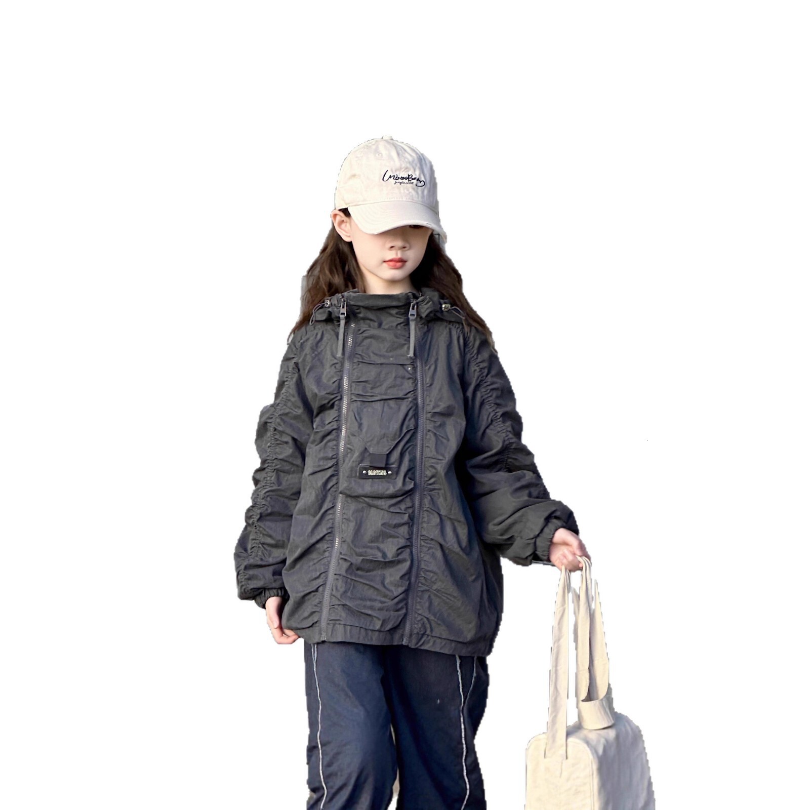 Girls' autumn Korean designer hooded design jacket new double zipper loose casual top suitable for fashionable little girls