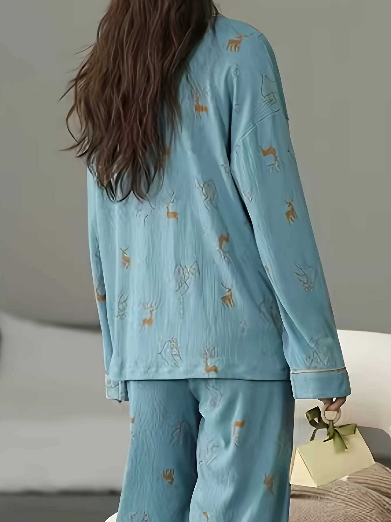 Womens Pajama Set LongSleeve Buttoned Top Elastic Waist Pants Autumn Winter Casual LoungewearT251029