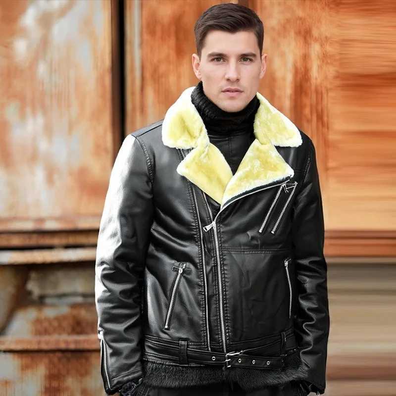 Thickfibered fur coat for men Fur leather integrated Washed PU leather jacket for men thick and suitable for motorcycle wearT251029