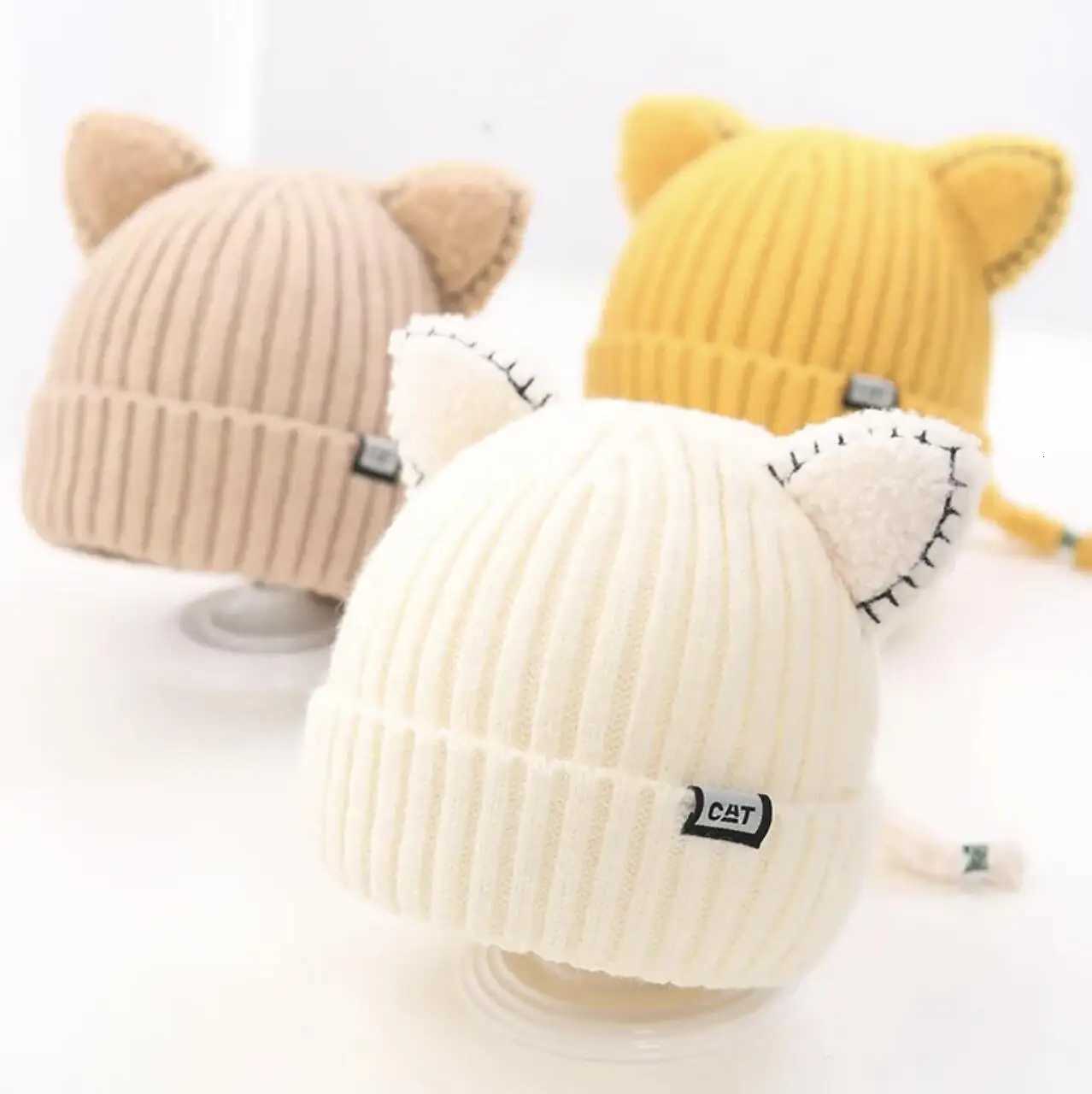 Solid Color Baby Winter Hat Kids Thicken Woolen Knitted Beanie Cartoon Cat Ear Girls Children Cold Proof Warm Ear Protection Cap251028