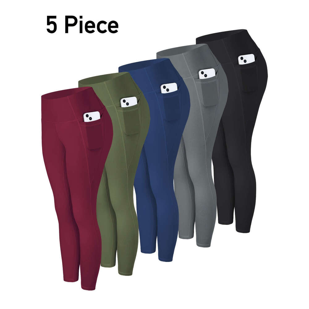 5pcs Multi-Color Pack Maroon/Blue/Black/Olive Women's High-Waisted Leggings with Side Pockets - Non-See-Through & Pants, Stretchy Cropped Bottoms