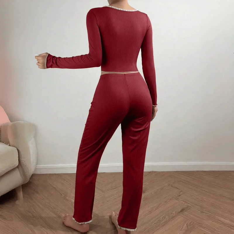 Autumn Winter Sleepwear Women Long Sleeves Tshirt Trousers 2 Pieces Pajamas Set Female Lace Knit Fabric Pijamas Loungewear 251029