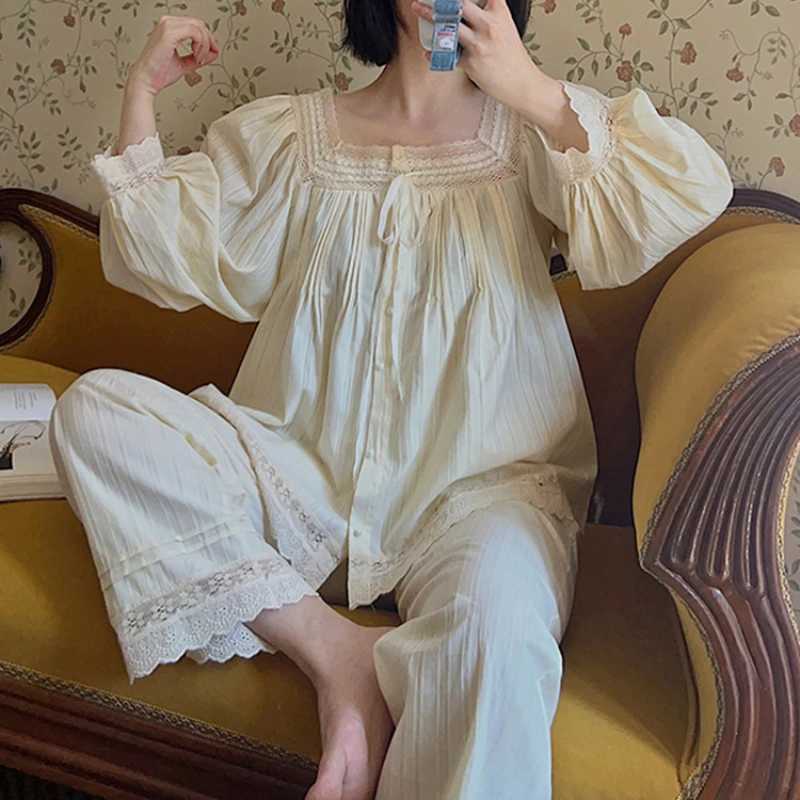 Fairy Women Pure Cotton Pajamas Princess Sleepwear Nightwear Autumn Winter Apricot Loungewear Sweet Tops Pants Two Piece SetsT251029