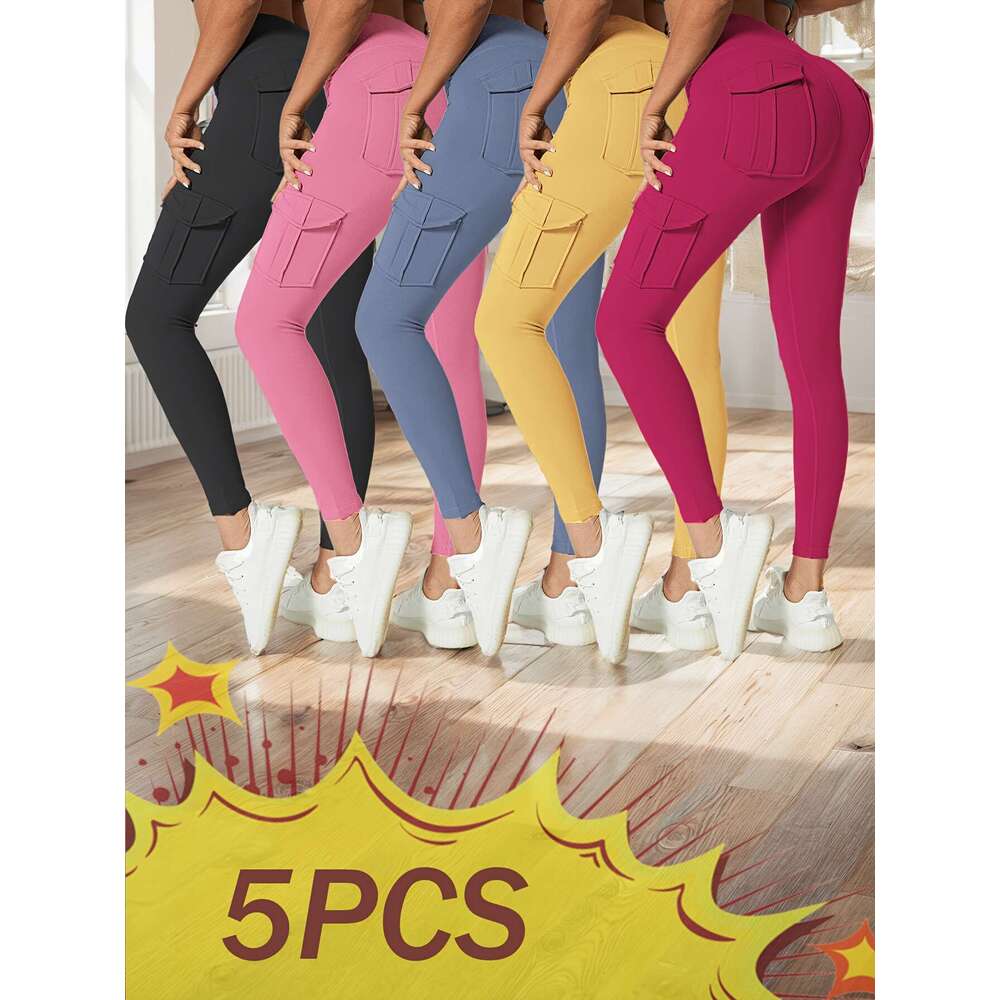 High Waist Yoga with Pockets, Multipack Butt Lifting Tummy Control Workout Running 4 Way Stretch Cargo Sports Pants, 5pcs Leggings Set