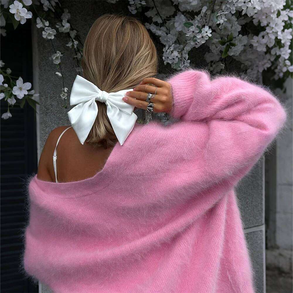 Women's Solid Fluffy V-Neck Long Sleeve Cardigan Sweater Cover Up Tops Autumn Winter Ladies Thick Softy Casual Loose Blouse S-L