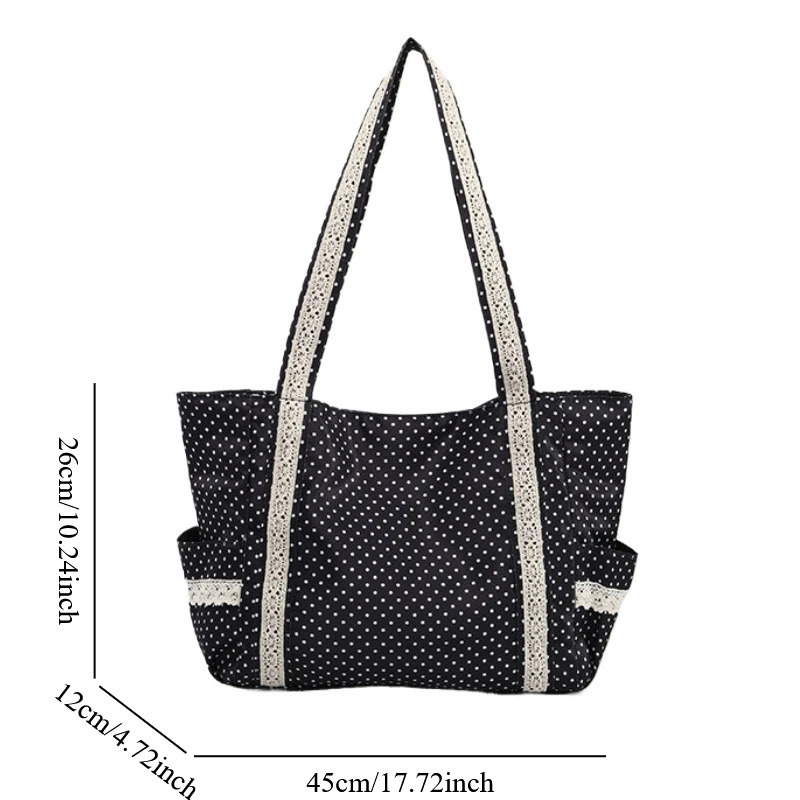 Korean Vintage Canvas Shoulder Bag Women Cute Lace Large Capacity Tote Bag Multi Pocket Handbag Fashion Round Dot Underarm Bag 251029