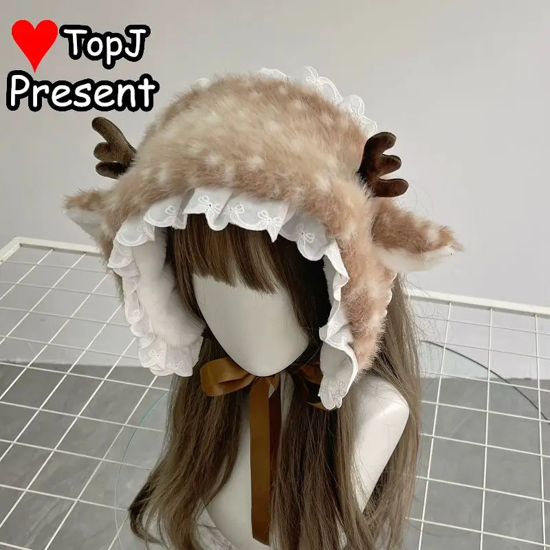Gothic Lolita Women Cosplay Cute Christmas Elk Plush Hairband Scarf Autumn and Winter Warm Deer Ear Antler Ear Protection Hat 251029