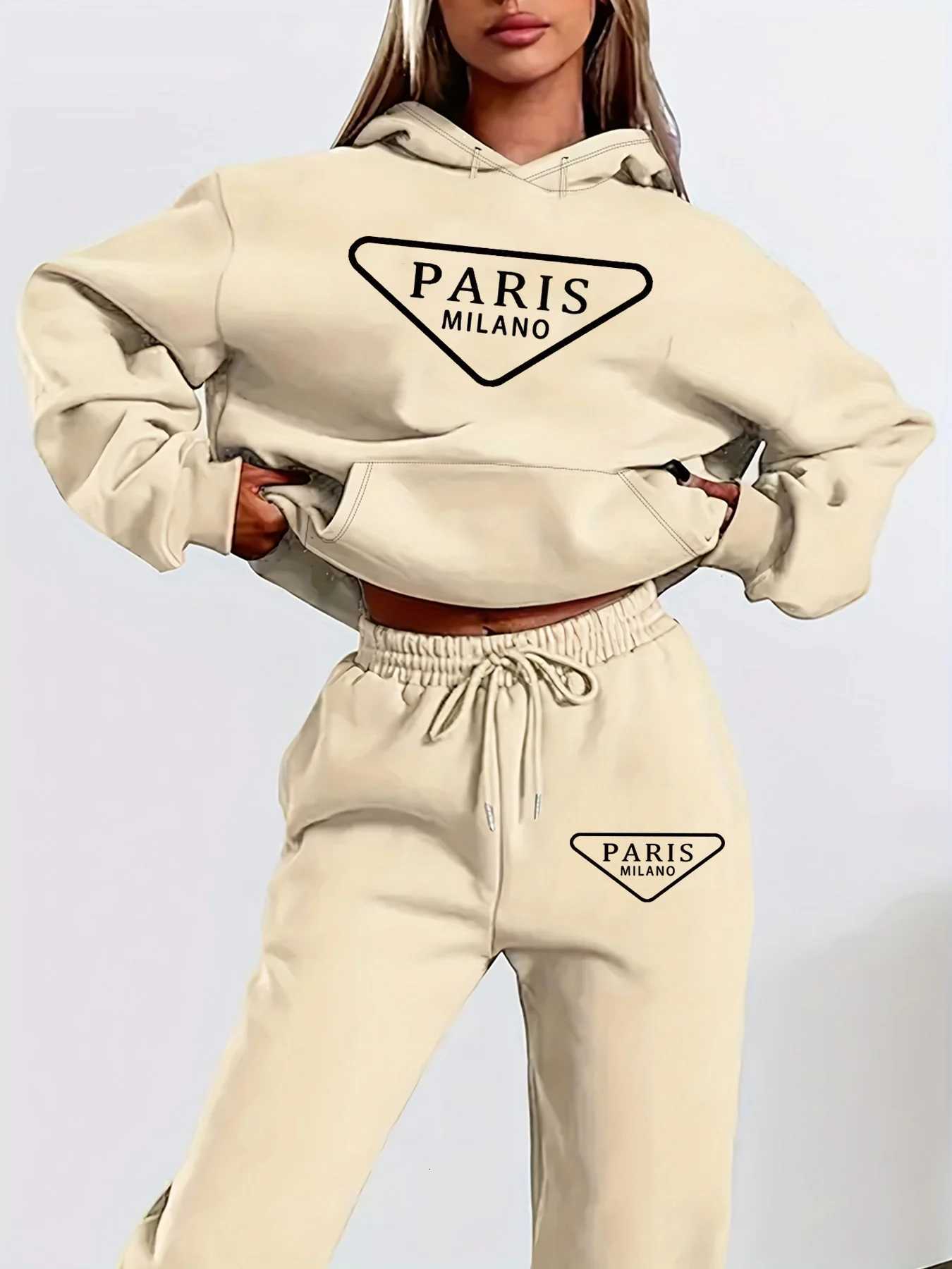 luxeryWomens autumn and winter fashionable casual Paris MILANO printed and plush thick warm hooded sweatshirtsports pants set designer C251029