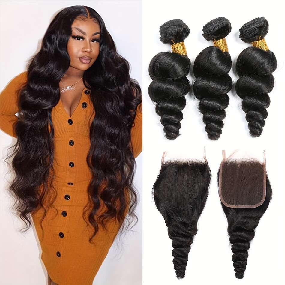 Bundles Peruvian Virgin Human Hair Loose Wave 4X4 Closure, Natural Look & Durable For Women Of All Ethnicities