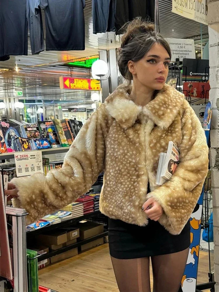Leopard Printed Faux Fur Short Coat Women Lapel Full Sleeve Single Breasted Loose Mini Coats Lady Winter Daily Street Outerwear 251028