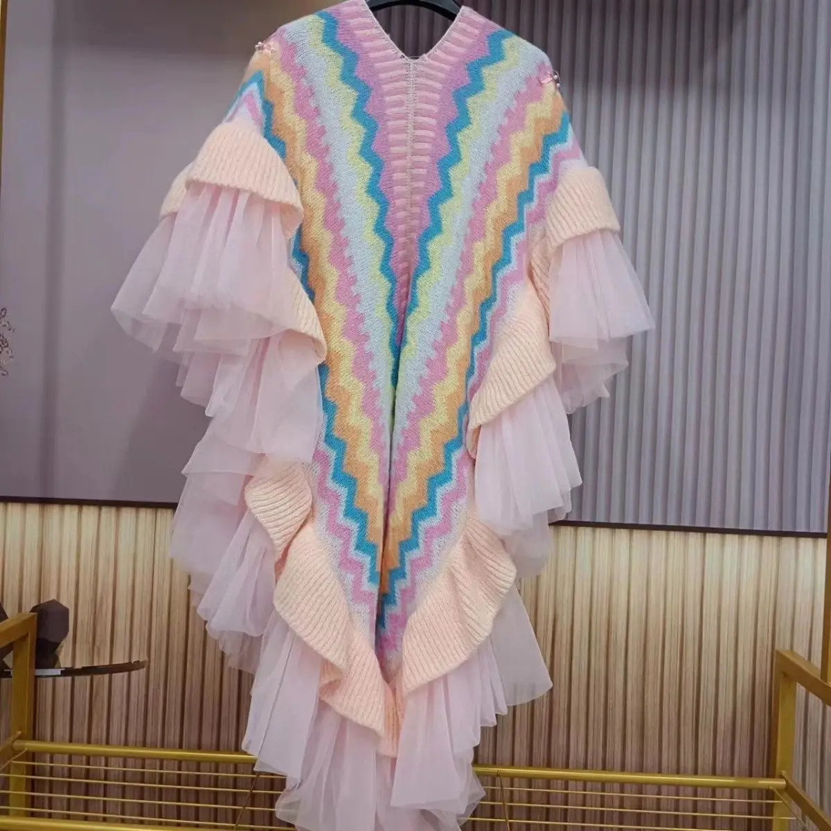 3D Flowers Embroidered Rainbow Knitted Shawl Mesh Spliced Ruffles Sweater Coat Irregular Gauze Ruched Scarf Cape Cardigan Poncho 251029
