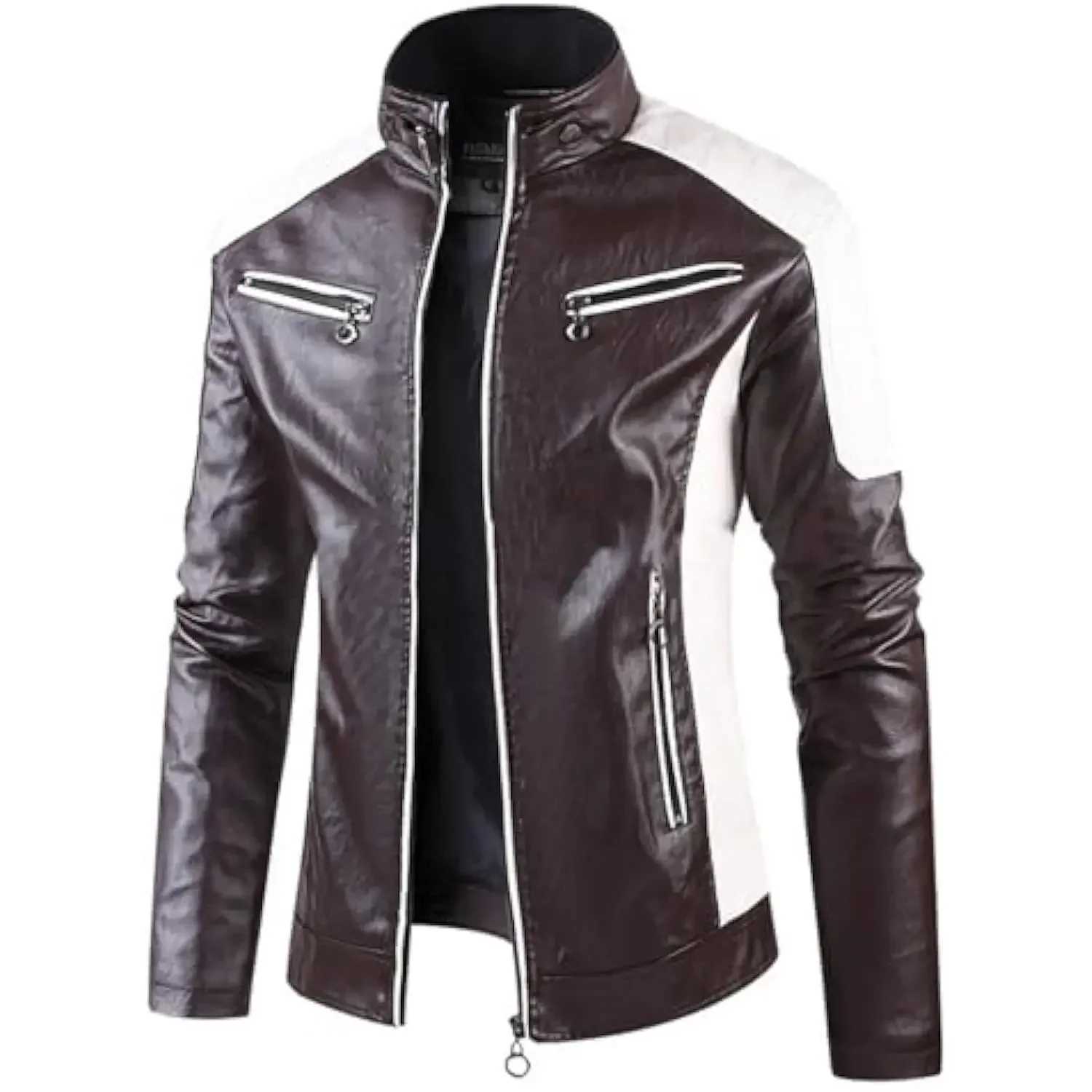 Fall Trendy Color Coats Mens Stand Collar Leather Jacket Block Motor Biker Jacket Classic Jacket Aviator Full Zip OuterwearT251029
