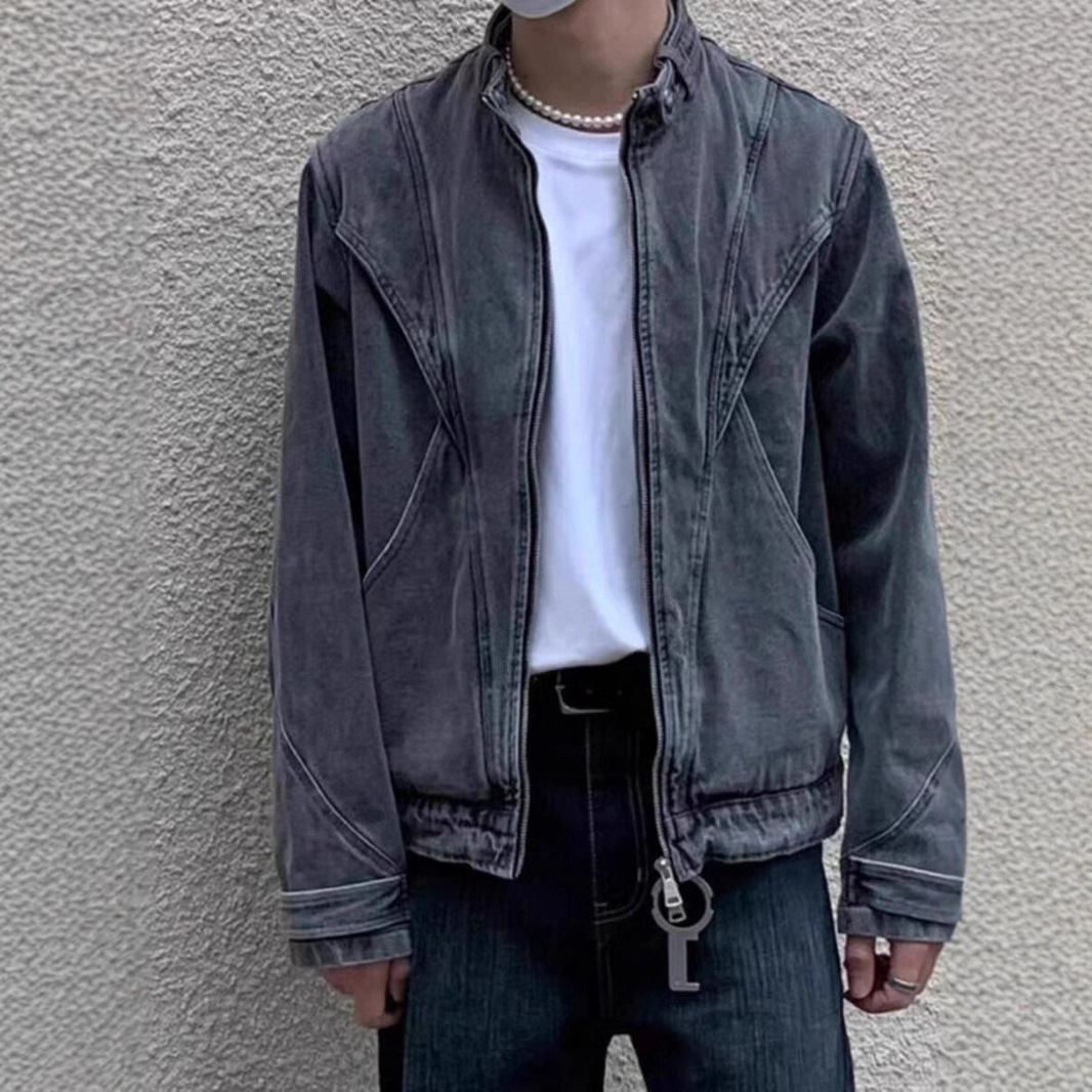 American Style Designer Jacket Washed Denim Jacket For Men Street Style Loose Fit Cool And Versatile Deconstructed Design Stand Collar Zipper Coat