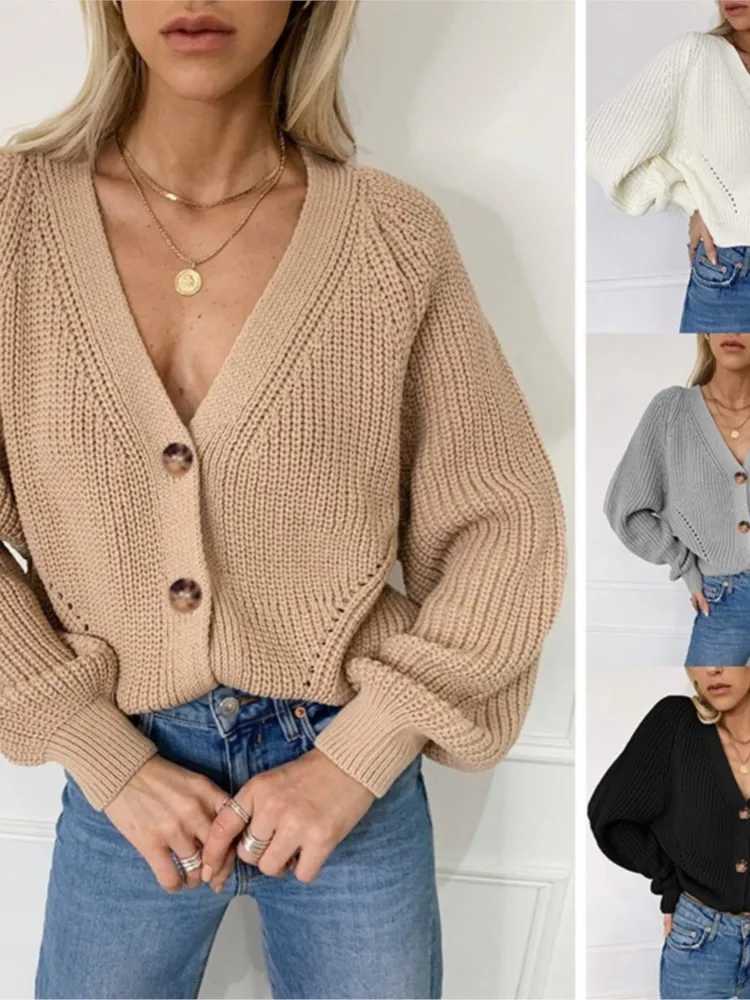 Autumn Winter Womens New Sweater Womens Cardigan Solid Color Sexy Vneck Fashionable Lantern Sleeve Button Knit CardiganT251028