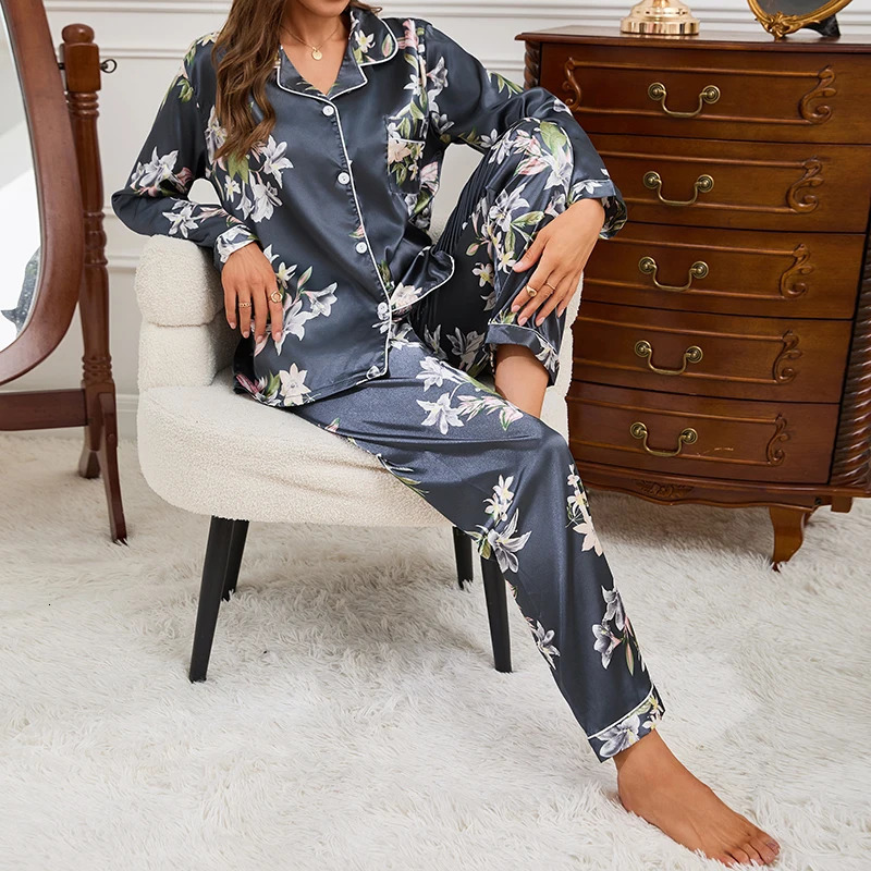 Womens Home Clothes Pajamas 2 Piece Autumn Long Sleeve Tops and Trouser Sleepwear Loungewear Button Down Pijama Pyjama Pjs Set 251029