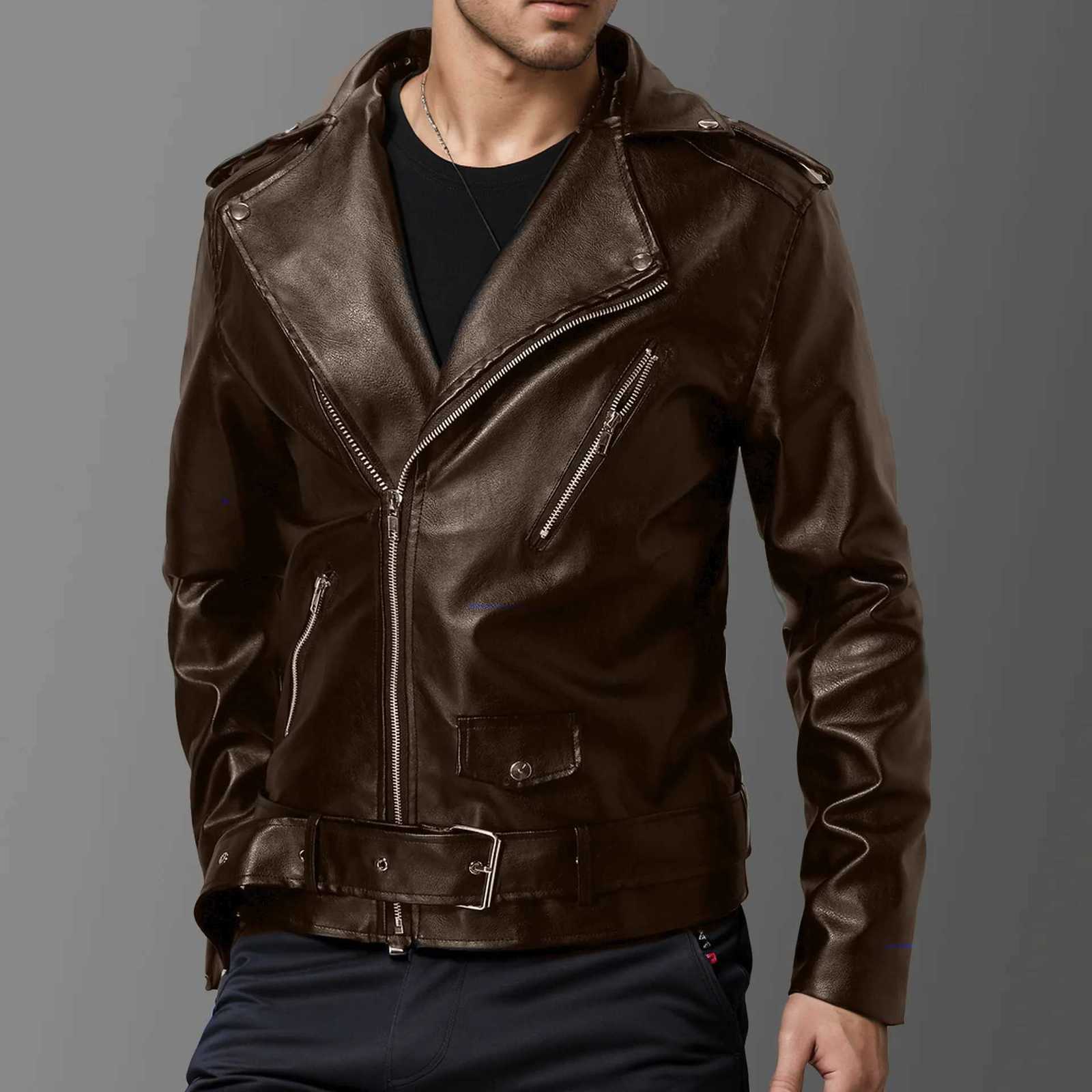 Autumn and winter new mens highquality slim fit lapel sloping leather jacket British fashion motorcycle suit leather jacketT251029