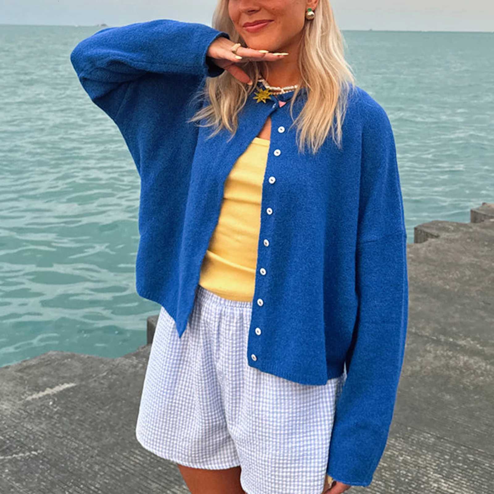 Combhasaki Womens Y2K Chic Solid Color Knitwear Cardigan Fuzzy Long Sleeve Buttondown Front Closure Loose Fit Basic SweatersT251028