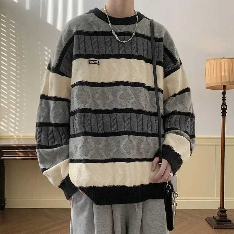 Japanese Style Vintage Color Blocking Cable Knit Striped Round Neck Sweater For Men And Women Winter Warm Preppy Thickened Knit J251029