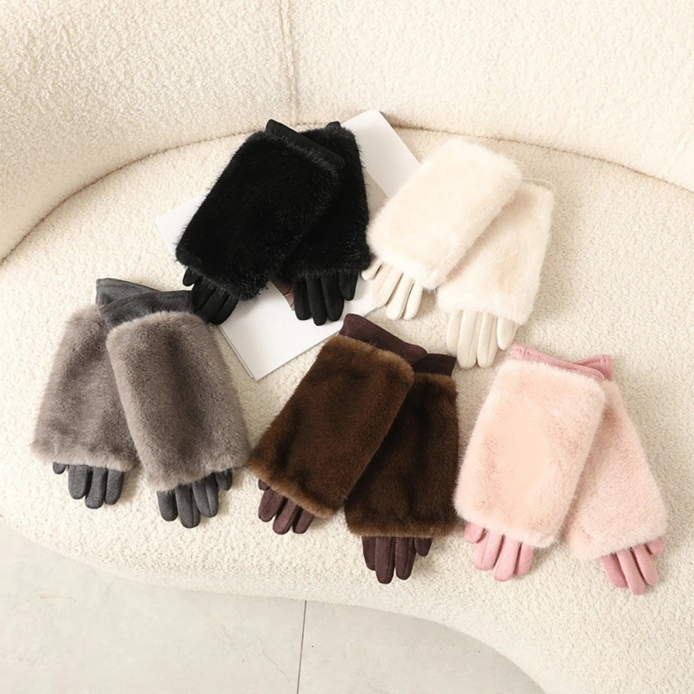Womens autumn and winter rabbit fur gloves plus velvet thickened windproof and warm riding coldproof touch screen suede gloves 251029