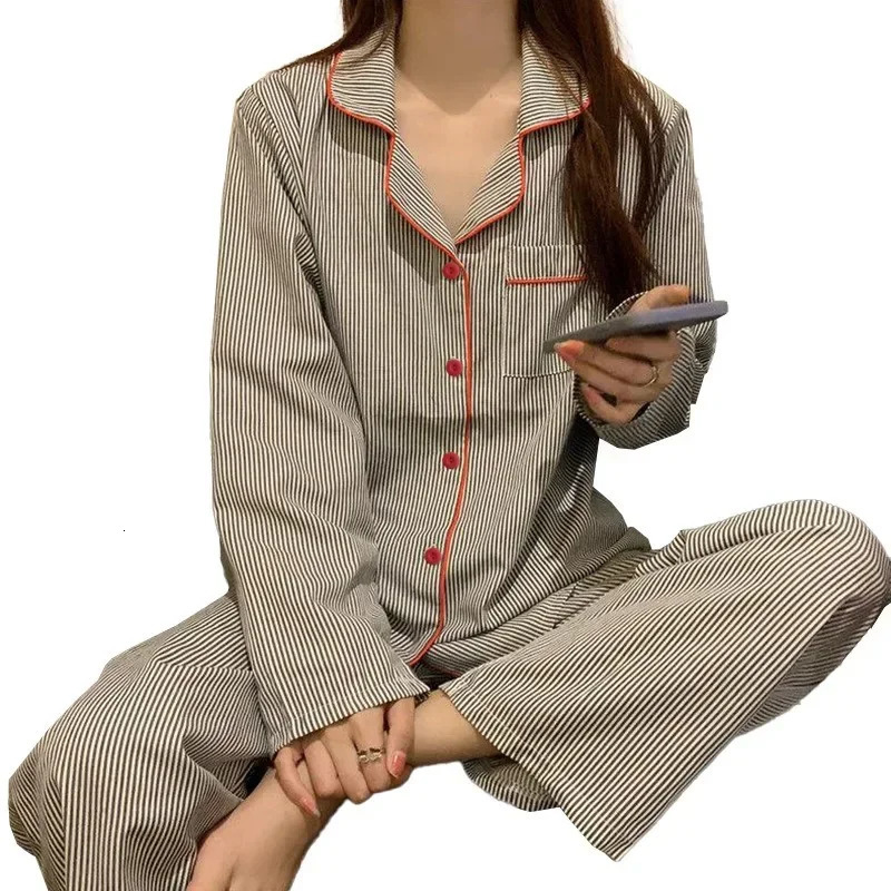 Pajamas Women Long Sleeve Trousers Summer Grey Cardigan Striped Sleepwear Loungewear Two Piece Set Ladies Nightwear Homewear 251029