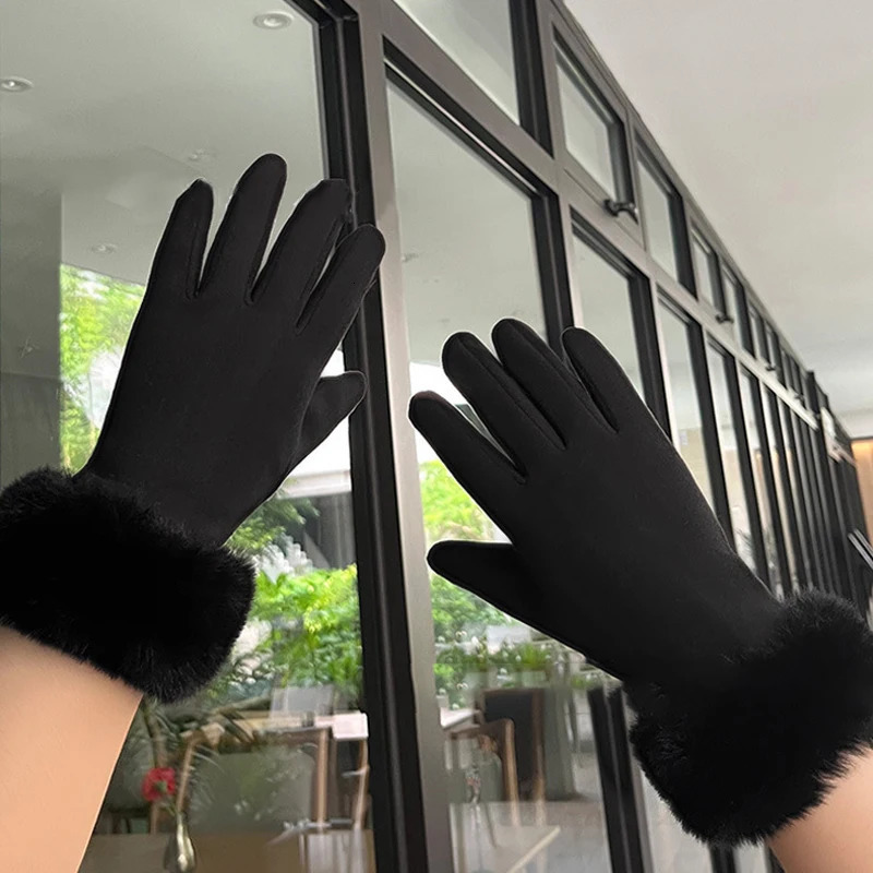 Winter Rabbit Fur Mouth Full Finger Touch Screen Plus Velvet Warm Gloves For Women 251029