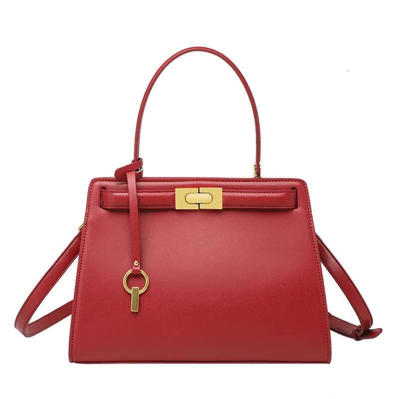 Fashion Chinese Red Dress Style Bride Tote Split Leather Women Shoulder Bag All match Commuter Office Ladies Handbag