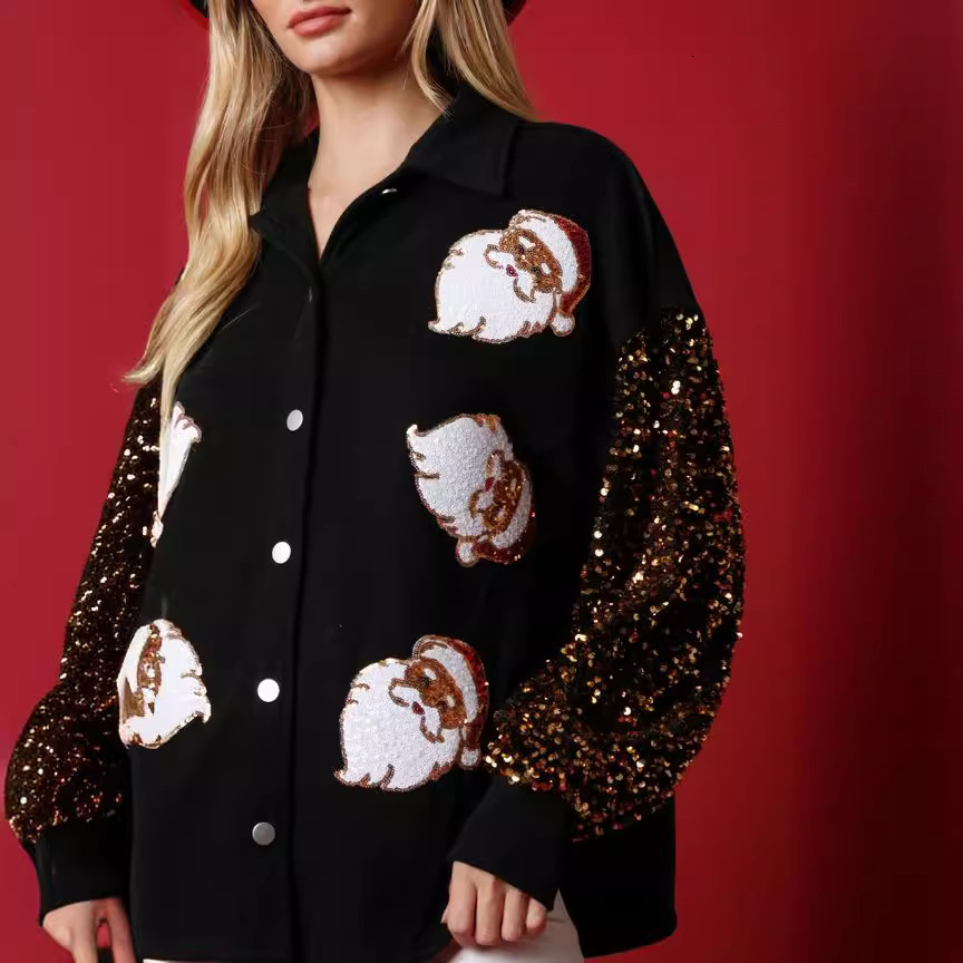 Autumn new European and American women's clothing designer Santa Claus decoration long sleeved button velvet shirt sequined sleeve women's j