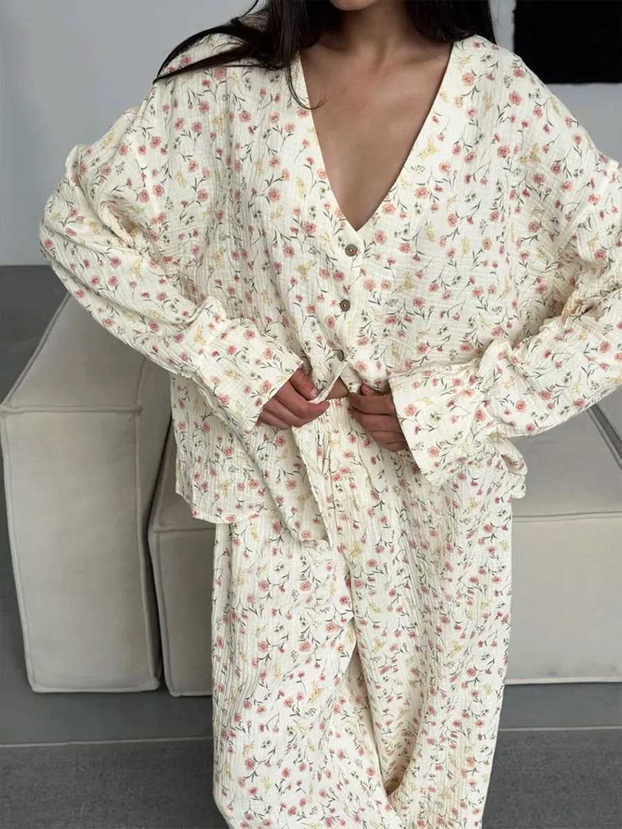 Muzuleva 100 Cotton Printed Cardigan Pajama Set Womens New Autumn Long Sleeved Pants Pajamas Loose Home Clothing 2piece SetT251029