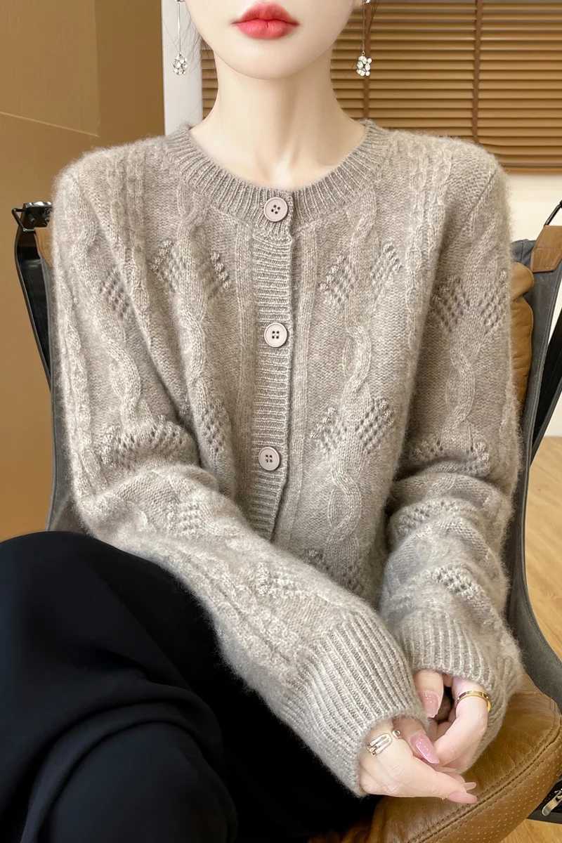 Autumn Winter Twist Flower Single Breasted 100 Merino Wool Womens Cardigan Thick ONeck Casual Loose Sweater Coat TopsT251028