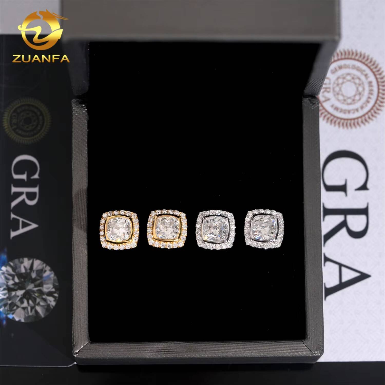 Wholesale D VVS Moissanite Earrings Screw Back Cubshion Cut 66mm Halo Stud Earrings 925 Silver Hip Hop Earring