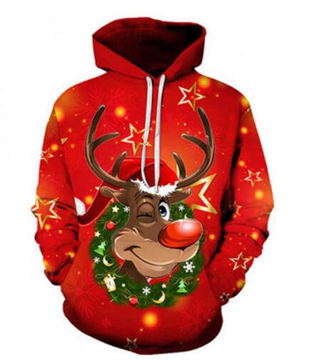 Mens Womens Christmas 3D Elf Father Christmas Print Hoodie Casual Long Slve Sweatshirt with Pockets