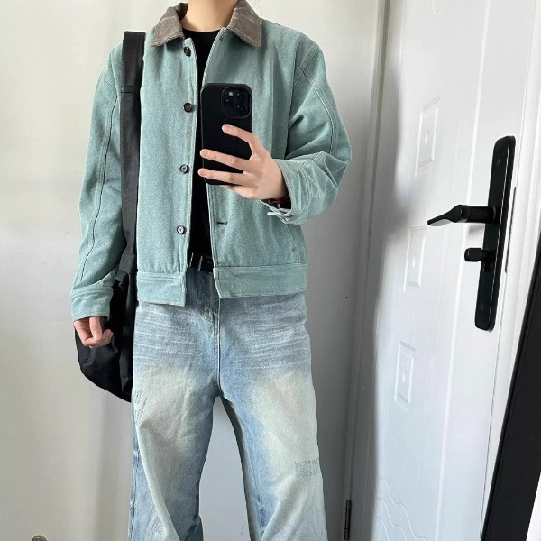 Trendy Right Shoulder Jacket Men Peacock Green Short Autumn Winter Washed Vintage Turn-down Collar Color-blocking Workwear Designer Jacket Jacket Soft