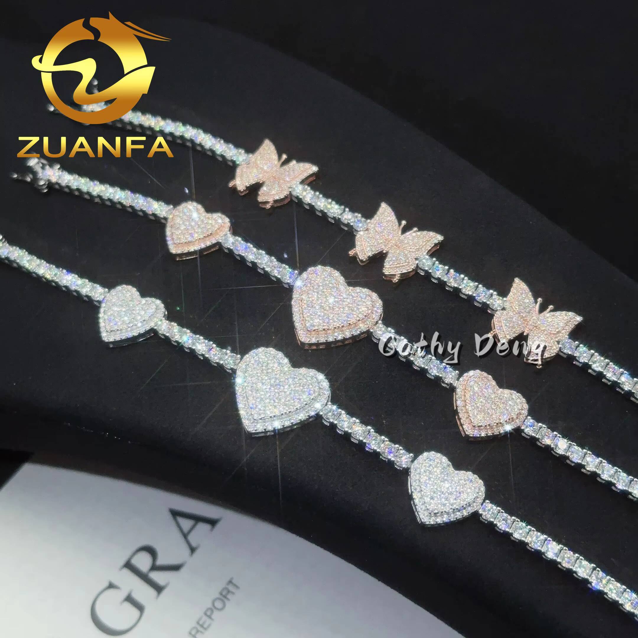 Iced Out Jewelry 3mm Moissanite Tennis Bracelet Heart Butterfly 925 Hip Hop Silver Bracelet VVS Moissanite Tennis Chain